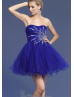 Royal Blue Tulle Beaded Semi-sweetheart Neckline Knee Length Prom Dress 